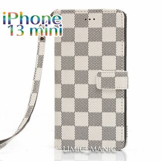 iPhone 13mini 手帳型 ケース 市松模様 白 チェック柄 ホワイト(iPhoneケース)
