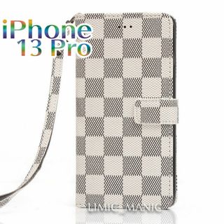 iPhone 13Pro 手帳型 ケース 市松模様 白 チェック柄 ホワイト(iPhoneケース)