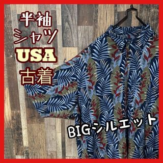 柄シャツ メンズ アロハ 総柄 ネイビー 2XL シャツ 古着 90s 半袖(シャツ)