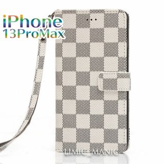 iPhone 13ProMax 手帳型 ケース 市松模様 白 チェック ホワイト(iPhoneケース)