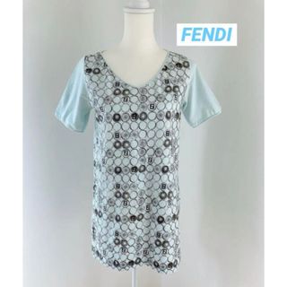 フェンディ(FENDI)のFENDI 半袖カットソー レディース ズッカ柄希少ブルー イタリア製  42(Tシャツ/カットソー(半袖/袖なし))