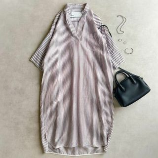 ティッカ(TICCA)の美品▲TICCA ティッカ//スキッパー ストライプシャツワンピース▲ブラウン(ロングワンピース/マキシワンピース)