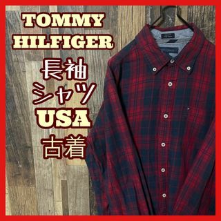 トミーヒルフィガー(TOMMY HILFIGER)のトミーヒルフィガー メンズ M レッド チェック シャツ 古着 90s 長袖(シャツ)