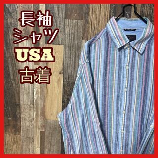 ストライプ ブルー メンズ M カジュアル シャツ USA古着 90s 長袖(シャツ)