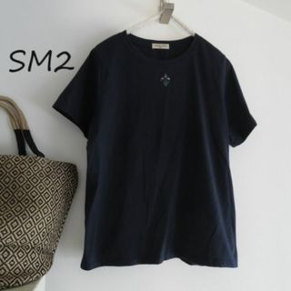 SM2　サマンサモスモス　花　刺繍　ワンポイント　Tシャツ　F　紺