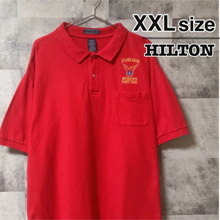 HILTON　ポロシャツ　レッド　赤　胸ポケット　ワンポイント　刺繍　USA古着(ポロシャツ)