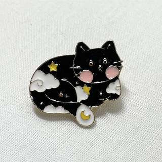 【ピンバッジ】星空の黒猫 ピンクほっぺ 夜空 かわいい(バッジ/ピンバッジ)