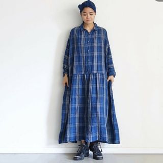 ichi - ichi Antiquites❤リネンインディゴチェックワンピース