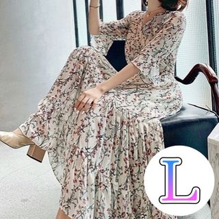 【イチオシ商品♪】　レディース　ワンピース　シフォン　ロング　Ｌ　花柄　ゆるふわ(ロングワンピース/マキシワンピース)