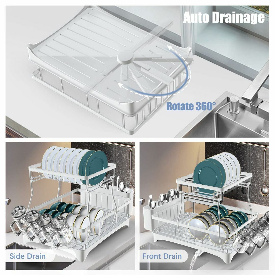 【色: ホワイト】食器水切りラック 2段 水切りかご、ドリップトレー付き大容量防 インテリア/住まい/日用品のキッチン/食器(その他)の商品写真