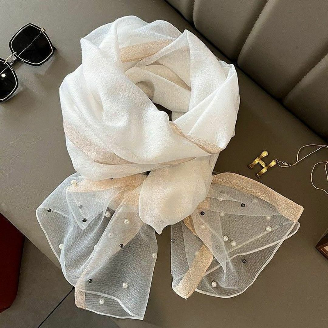 ストール　ショール　プレゼント　シフォン　パール　　結婚式　白　ホワイト レディースのファッション小物(ストール/パシュミナ)の商品写真