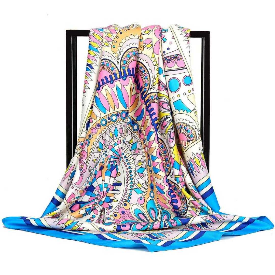 大判90cm×90cm シルク カラフルスカーフ ブルーピンク系34 レディースのファッション小物(バンダナ/スカーフ)の商品写真