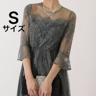 Lace Ladies七分袖レースワンピースドレス　グレー　総レース　パーティー(ミディアムドレス)