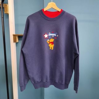 希少★ディズニー　スウェット　プーさん　刺繍ロゴ　ネイビー　Lサイズ　90’s(スウェット)