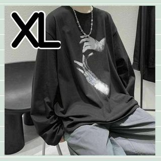 長袖 Tシャツ ロンT ストリート クルーネック ゆったり 韓国 ブラック XL(Tシャツ/カットソー(七分/長袖))