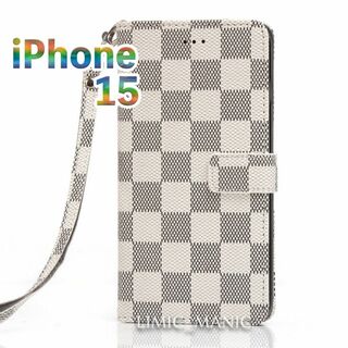 iPhone 15 手帳型 ケース 市松模様 白 チェック柄 ホワイト 格子(iPhoneケース)