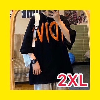 2XL Tシャツ　プリント　メンズ　半袖　オーバーサイズ　オレンジ(Tシャツ/カットソー(半袖/袖なし))
