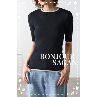 ボンジュールサガン(BONJOUR SAGAN)のBonjour sagan  配色デザイン五分袖リブニット　　ブラック(ニット/セーター)