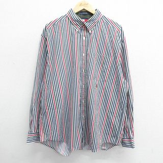 トミーヒルフィガー(TOMMY HILFIGER)のXL★古着 トミーヒルフィガー TOMMY HILFIGER 長袖 ブランド シャツ メンズ 90年代 90s ワンポイントロゴ 大きいサイズ コットン ボタンダウン 紺他 ネイビー ストライプ 24may08 中古 トップス(シャツ)