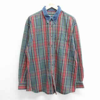 アメリカンイーグル(American Eagle)のXL★古着 アメリカンイーグル American Eagle 長袖 ブランド シャツ メンズ 90年代 90s 大きいサイズ 襟デニム コットン ボタンダウン 緑他 グリーン チェック 24may08 中古 トップス(シャツ)