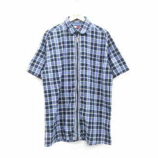 トミーヒルフィガー(TOMMY HILFIGER)のXL★古着 トミーヒルフィガー TOMMY HILFIGER トミージーンズ 半袖 ブランド フルジップ シャツ メンズ 90年代 90s ロング丈 コットン 紺他 ネイビー チェック 24may08 中古 トップス(シャツ)