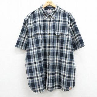 カーハートダブリューアイピー(Charhartt WIP)のXL★古着 カーハート Carhartt 半袖 シャツ メンズ 大きいサイズ ロング丈 コットン ボタンダウン 紺他 ネイビー チェック 【spe】 24may08 中古 トップス(シャツ)