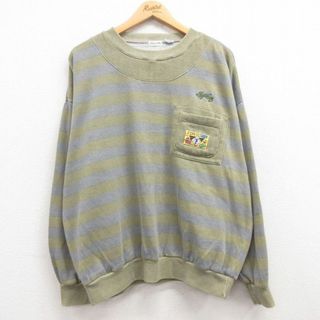 XL★古着 長袖 スウェット メンズ 90年代 90s スキー 胸ポケット付き 大きいサイズ クルーネック 緑系他 グリーン ボーダー 【spe】 24may08 中古 スエット トレーナー トップス(パーカー)