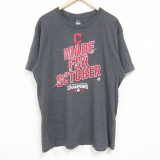 マジェスティック(Majestic)のL★古着 マジェスティック 半袖 Tシャツ メンズ MLB クリーブランドインディアンス クルーネック 濃グレー 霜降り メジャーリーグ ベースボール 野球 24may08 中古(Tシャツ/カットソー(半袖/袖なし))