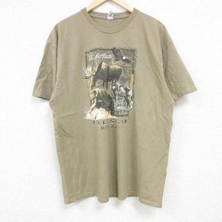 XL★古着 半袖 Tシャツ メンズ アラスカ クマ オオカミ コットン クルーネック ベージュ カーキ 24may08 中古(Tシャツ/カットソー(半袖/袖なし))