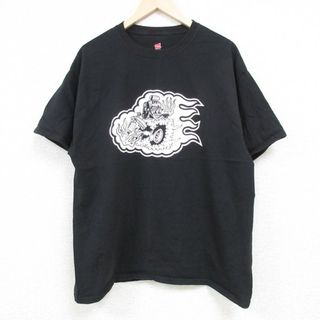 Hanes - XL★古着 ヘインズ Hanes 半袖 Tシャツ メンズ TATTOO GARAGE コットン クルーネック 黒 ブラック 24may08 中古