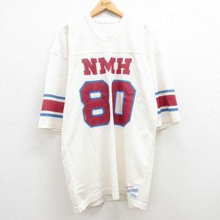 チャンピオン(Champion)のXL★古着 チャンピオン Champion 半袖 ビンテージ フットボール Tシャツ メンズ 80年代 80s NMH 80 メッシュ地 大きいサイズ ロング丈 クルーネック USA製 白 ホワイト ユニフォーム ゲームシャツ 24may08 中古(Tシャツ/カットソー(半袖/袖なし))