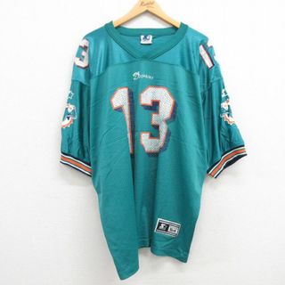 スターター(STARTER)のXL★古着 スターター STARTER 半袖 ビンテージ フットボール Tシャツ メンズ 90年代 90s NFL マイアミドルフィンズ ダンマリーノ 13 メッシュ地 大きいサイズ Vネック 青緑 アメフト スーパーボウル ユニフォーム ゲームシャツ 【spe】 24may08 中古(Tシャツ/カットソー(半袖/袖なし))