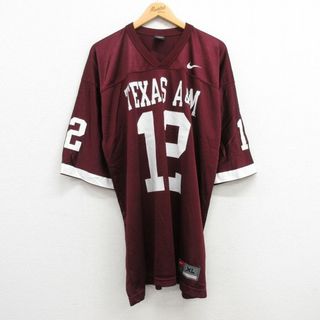 ナイキ(NIKE)のXL★古着 ナイキ NIKE 半袖 ビンテージ フットボール Tシャツ メンズ 00年代 00s テキサス A&M 12 メッシュ地 大きいサイズ ロング丈 Vネック エンジ ユニフォーム ゲームシャツ 24may08 中古(Tシャツ/カットソー(半袖/袖なし))