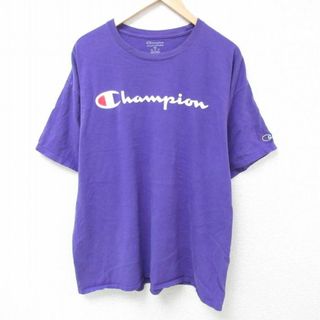 チャンピオン(Champion)のXL★古着 チャンピオン Champion 半袖 ブランド Tシャツ メンズ ビッグロゴ 大きいサイズ クルーネック 紫 パープル 24may08 中古(Tシャツ/カットソー(半袖/袖なし))