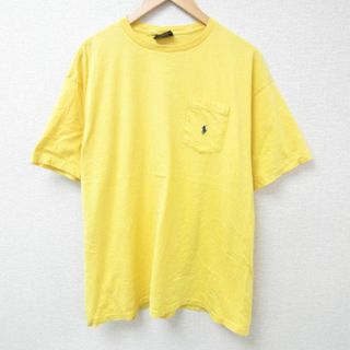 ラルフローレン(Ralph Lauren)のXL★古着 ラルフローレン Ralph Lauren 半袖 ビンテージ ブランド Tシャツ メンズ 90年代 90s ワンポイントロゴ 胸ポケット付き コットン クルーネック USA製 黄 イエロー 24may08 中古(Tシャツ/カットソー(半袖/袖なし))