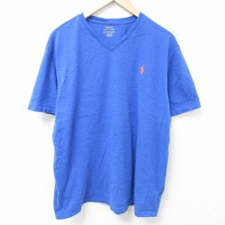 ラルフローレン(Ralph Lauren)のXL★古着 ラルフローレン Ralph Lauren 半袖 ブランド Tシャツ メンズ ワンポイントロゴ コットン Vネック 青 ブルー 霜降り 24may08 中古(Tシャツ/カットソー(半袖/袖なし))