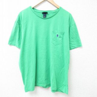 ラルフローレン(Ralph Lauren)のXL★古着 ラルフローレン Ralph Lauren 半袖 ブランド Tシャツ メンズ 90年代 90s ワンポイントロゴ 胸ポケット付き 大きいサイズ コットン クルーネック 黄緑 24may08 中古(Tシャツ/カットソー(半袖/袖なし))