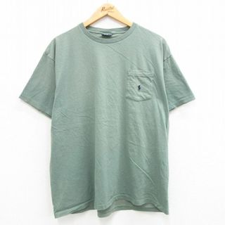 ラルフローレン(Ralph Lauren)のXL★古着 ラルフローレン Ralph Lauren 半袖 ブランド ビンテージ Tシャツ メンズ 90年代 90s ワンポイントロゴ 胸ポケット付き コットン クルーネック USA製 緑系 グリーン 24may08 中古(Tシャツ/カットソー(半袖/袖なし))