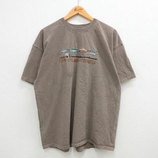 チャンピオン(Champion)のXL★古着 チャンピオン champion 半袖 ビンテージ Tシャツ メンズ 90年代 90s 魚 マサチューセッツ 刺繍 大きいサイズ コットン クルーネック USA製 茶 ブラウン 霜降り 24may08 中古(Tシャツ/カットソー(半袖/袖なし))