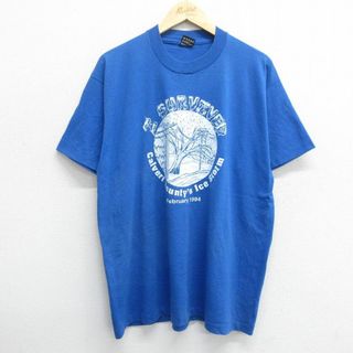 フルーツオブザルーム(FRUIT OF THE LOOM)のXL★古着 フルーツオブザルーム 半袖 ビンテージ Tシャツ メンズ 90年代 90s SURVIVED 木 クルーネック USA製 青 ブルー 24may08 中古(Tシャツ/カットソー(半袖/袖なし))