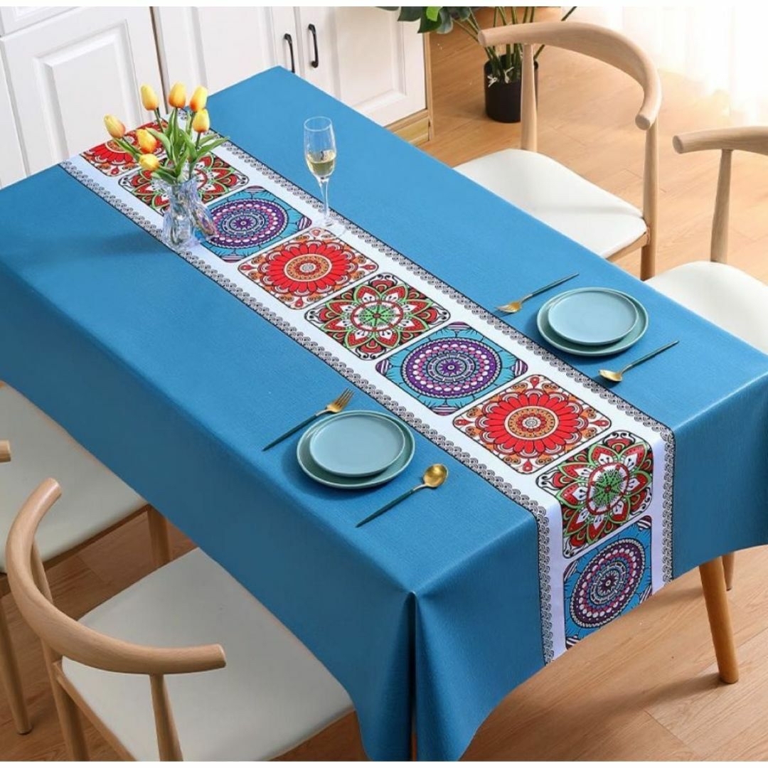 テーブルクロス　ブルー　青　花柄　北欧　撥水　汚れ防止　インテリア インテリア/住まい/日用品の机/テーブル(ダイニングテーブル)の商品写真