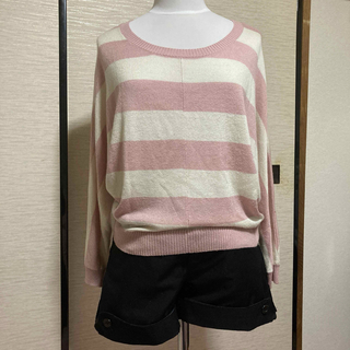 ドルマン　薄手セーター　白×ピンク　ボーダー(ニット/セーター)