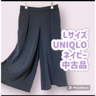 ユニクロ(UNIQLO)の39 Lサイズ　UNIQLO ネイビー　ガウチョパンツ　さらさら(ひざ丈スカート)