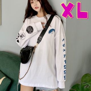 人気！ゆったりロンT XL ロゴ 体型カバー 大きめ 古着 スポーティ 韓国 (カットソー(長袖/七分))