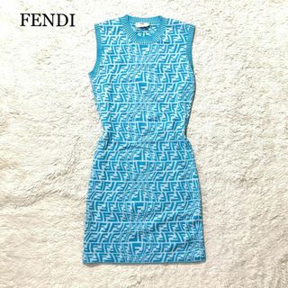 フェンディ(FENDI)の【未使用級】FENDI ワンピース サマーニット ズッカ スカイブルー 38 M(ひざ丈ワンピース)