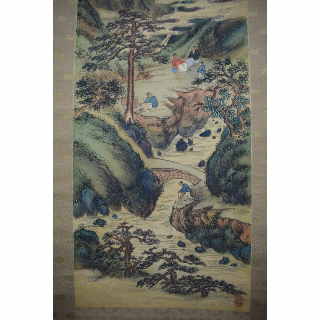 真作】東伯/青緑山水人物画賛/掛軸☆宝船☆Y-167 絵画/タペストリー 真作】東伯/青緑山水人物画賛/掛軸☆宝船☆Y-167 絵画/タペストリー