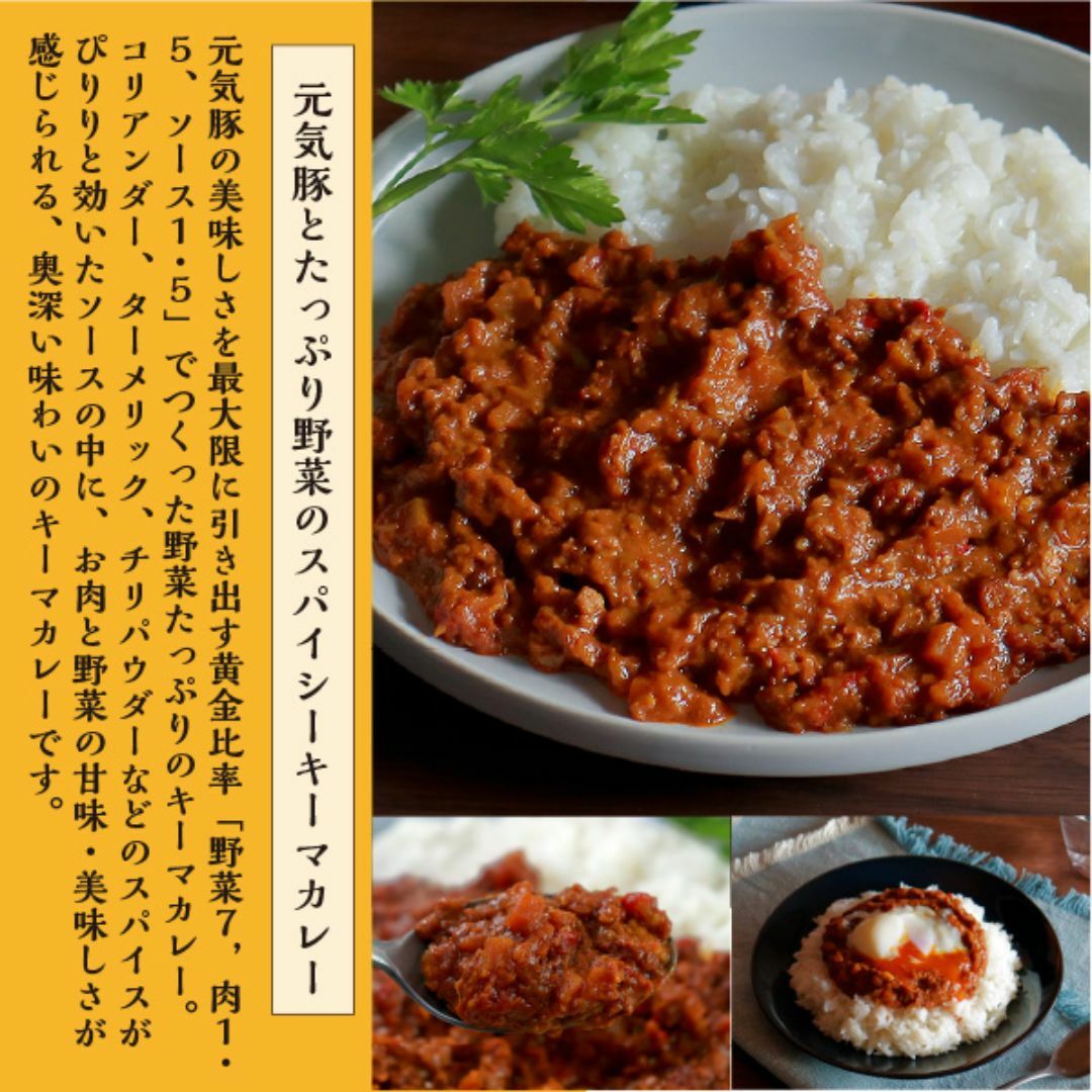 元気豚　レトルト商品お試しセット（元気豚カレー 200g、キーマカレー 150g、ボロネーゼ（パスタソース）160ｇ、豚軟骨の煮込み260ｇ） 食品/飲料/酒の加工食品(レトルト食品)の商品写真