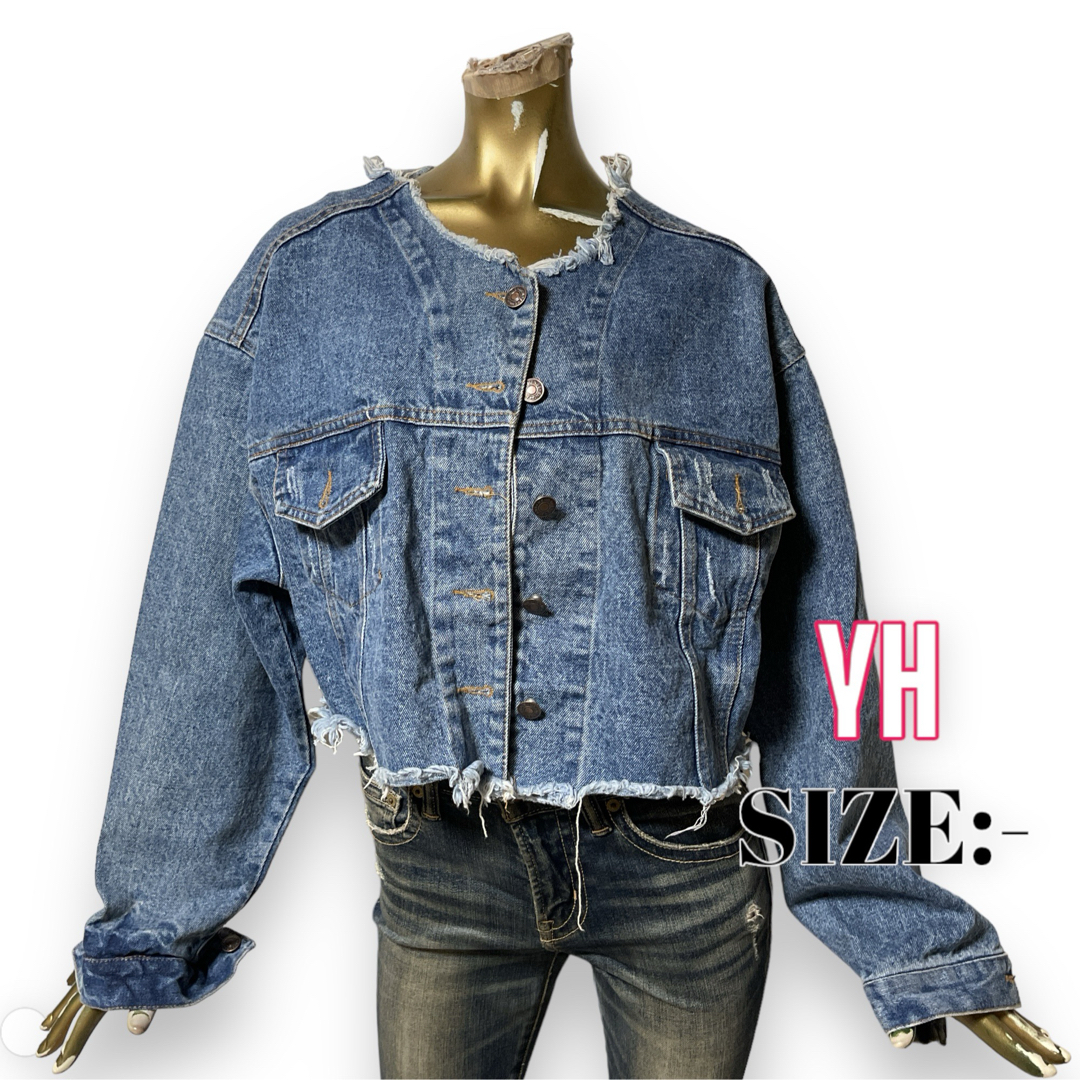 YH ♥ ダメージ クラッシュ ノーカラー デニムジャケット レディースのジャケット/アウター(Gジャン/デニムジャケット)の商品写真