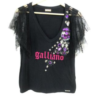 ガリアーノ(GALLIANO)のgalliano(ガリアーノ) 半袖カットソー サイズXS レディース - 黒×ボルドー×マルチ Vネック/ビーズ/ビジュー/レース(カットソー(半袖/袖なし))