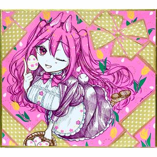 手描きイラスト オリジナル 創作 色紙 イースター ピンク 花 けもみみ 女の子(アート/写真)